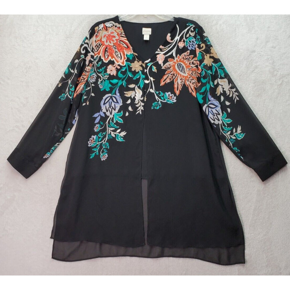 Chico's Blouse Top Women Sz 2 Black Multi Sheer Floral V Neck Open High Low Slit - Picture 1 of 10